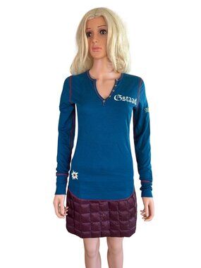 Alp N Rock Gstaad Swiss Alps Henley Top Teal Blue Embroidered Ski Apres